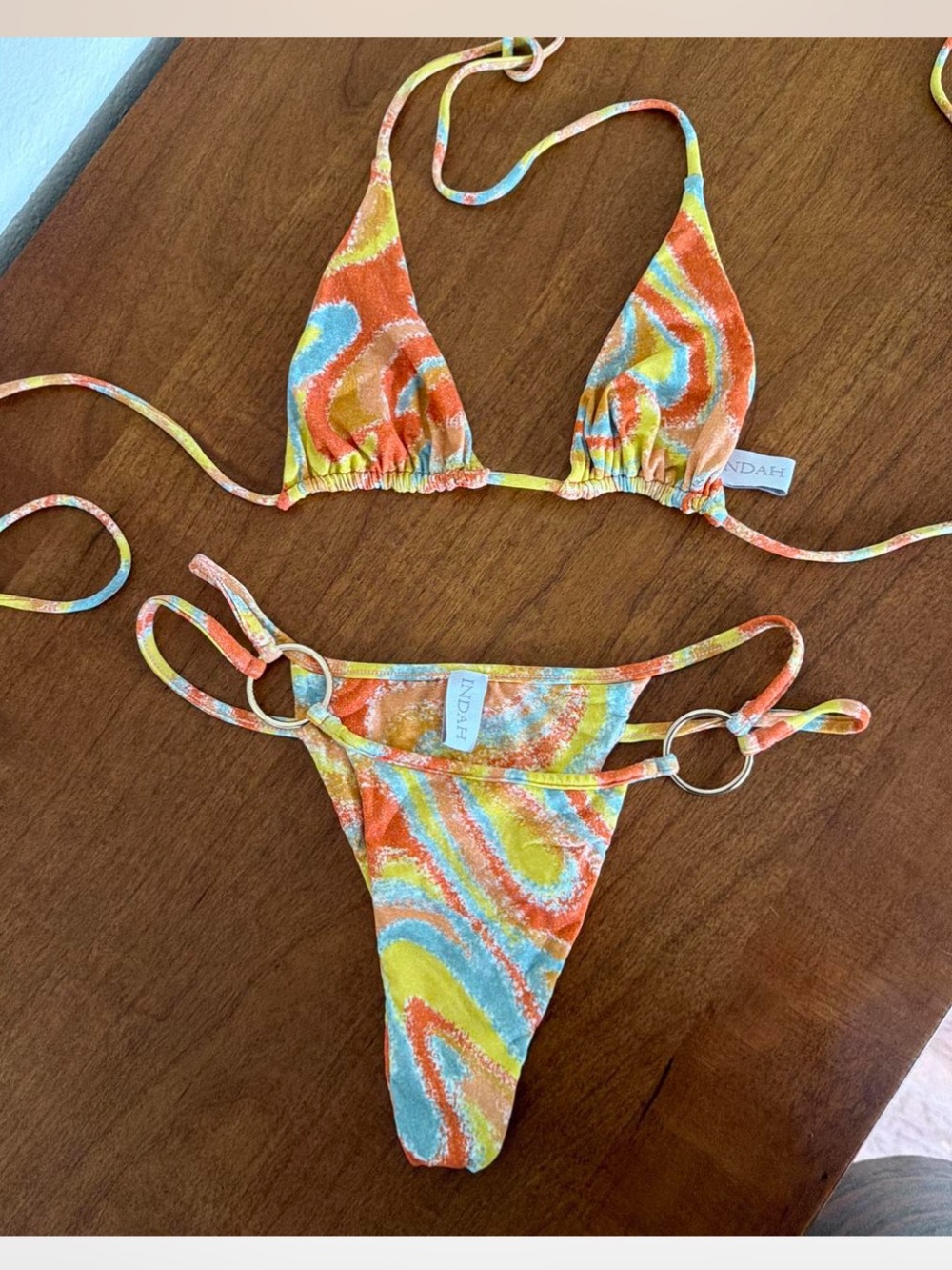 Indah Swirl Tie-Dye Triangle Bikini in Orange, Yellow & Blue